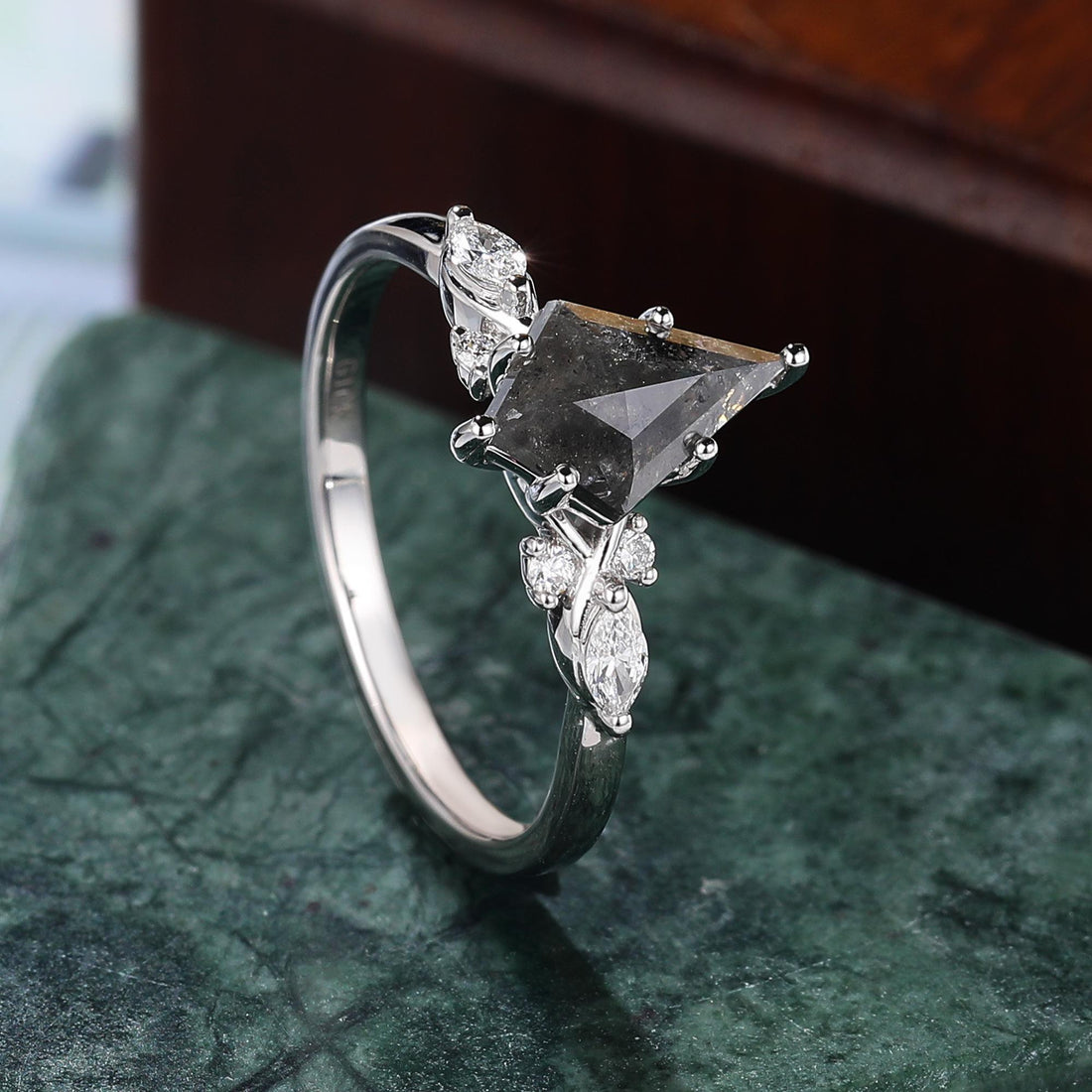 Kite Cut Black Diamond Ring, Natural Diamond 14K White Gold Promise Ring