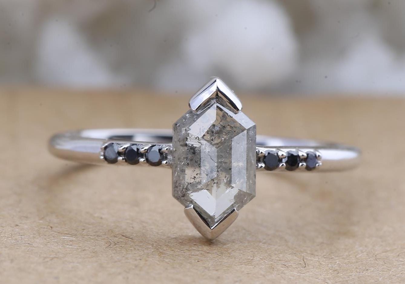 14K Rose Gold Grey Salt and Pepper Hexagon Cut Natural Diamond Engagement Ring