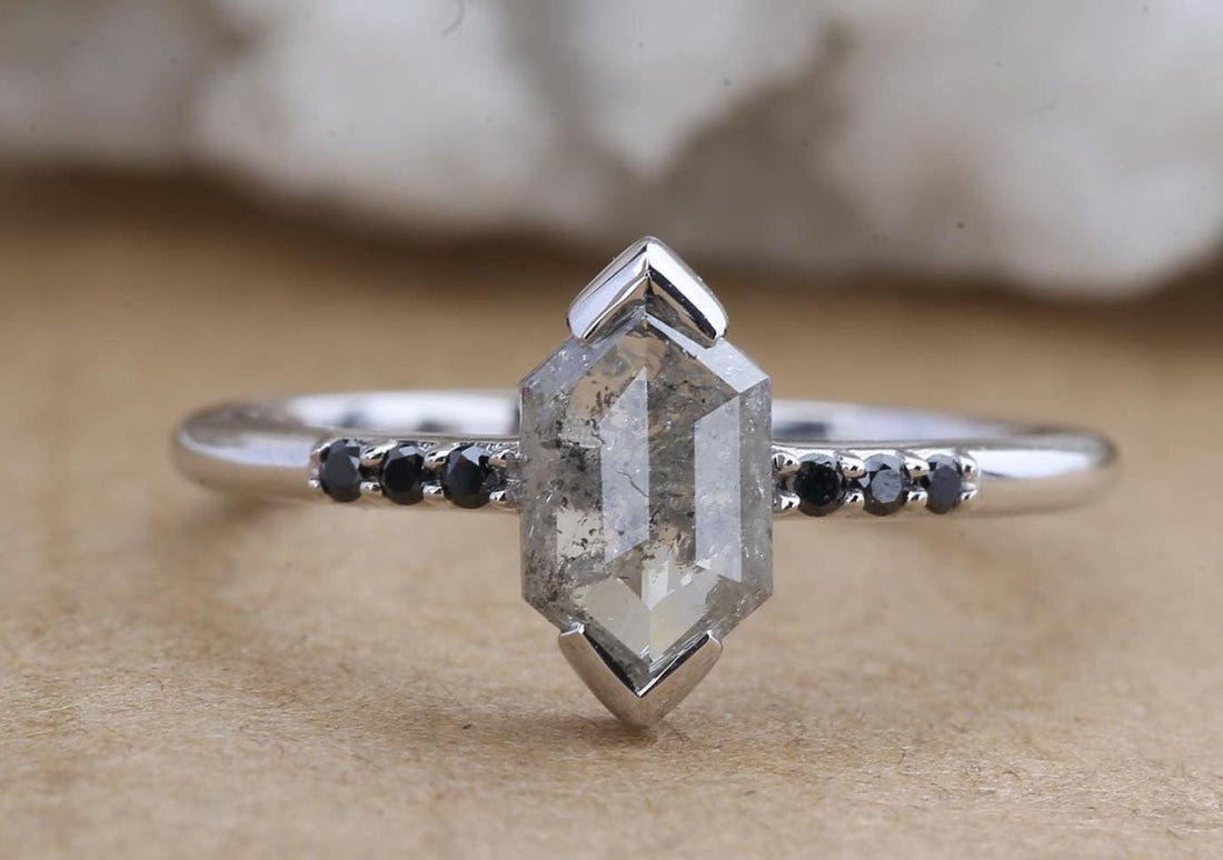 14K Rose Gold Grey Salt and Pepper Hexagon Cut Natural Diamond Engagement Ring