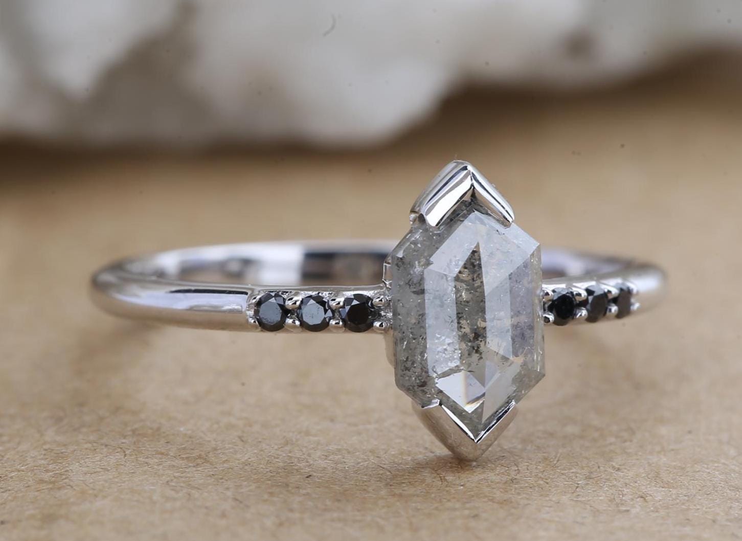 14K Rose Gold Grey Salt and Pepper Hexagon Cut Natural Diamond Engagement Ring