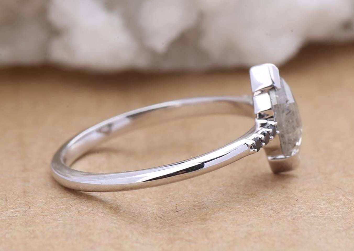 14K Rose Gold Grey Salt and Pepper Hexagon Cut Natural Diamond Engagement Ring