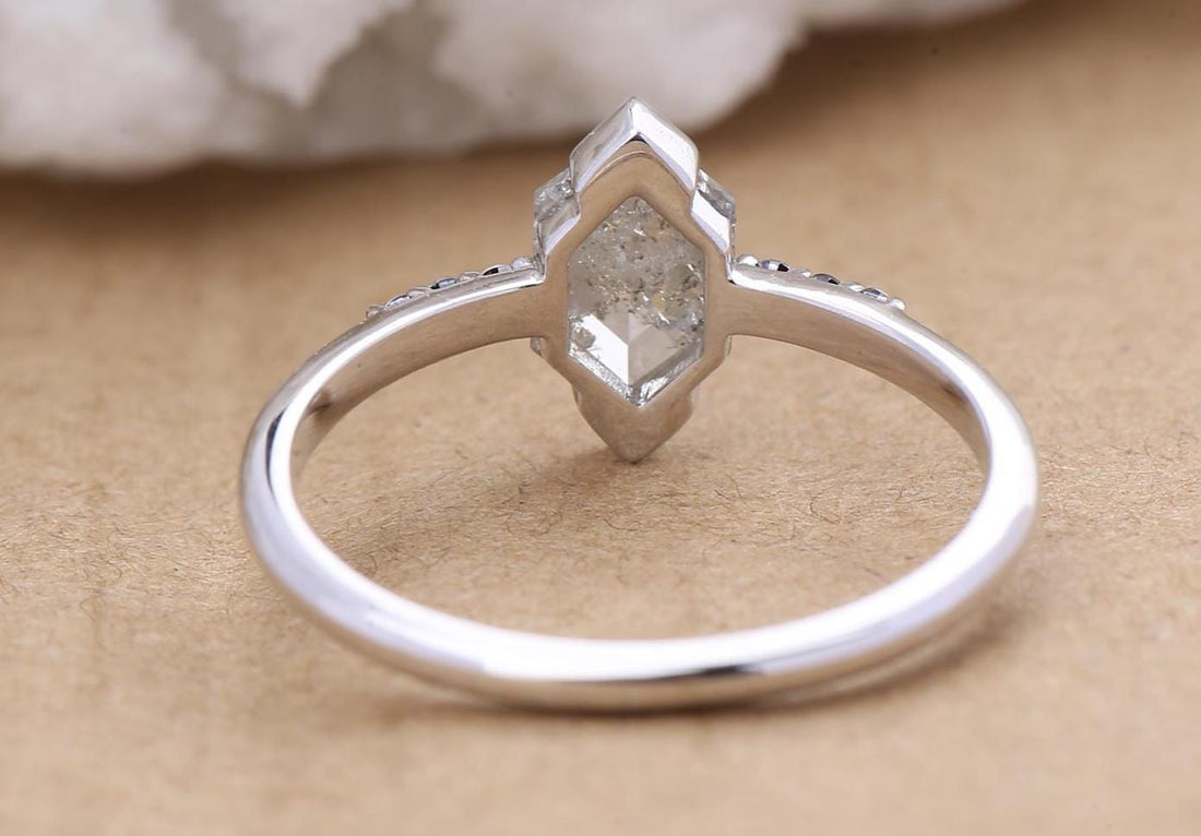 14K Rose Gold Grey Salt and Pepper Hexagon Cut Natural Diamond Engagement Ring
