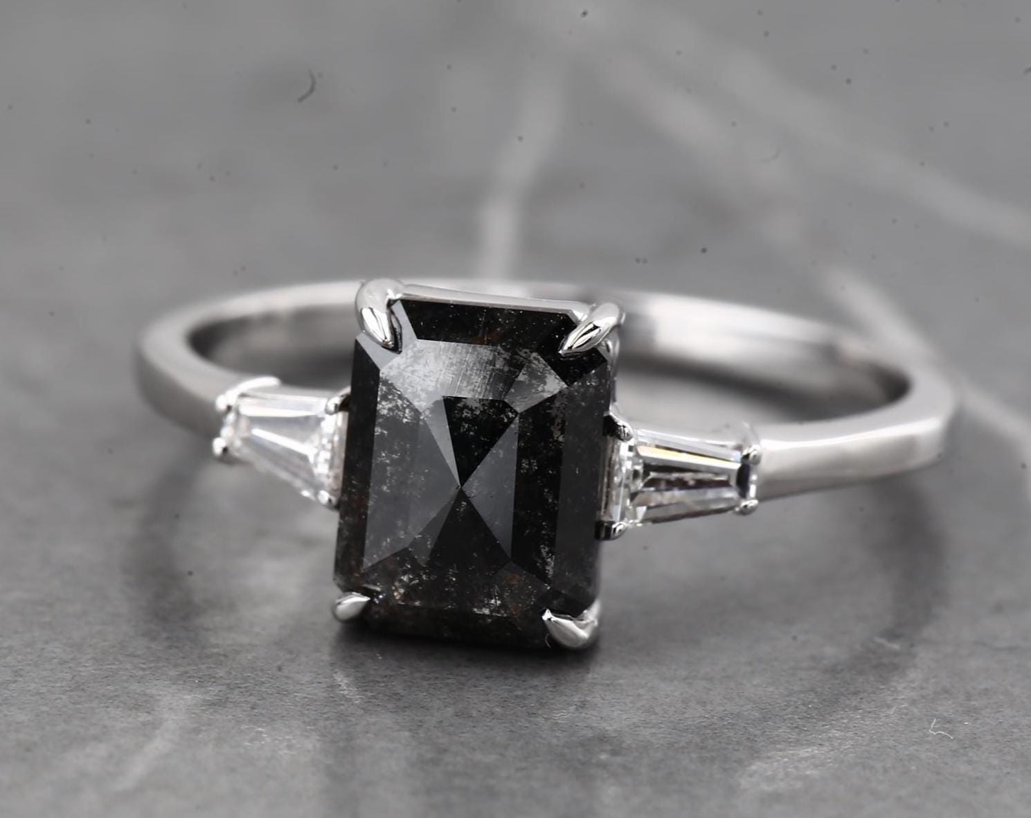 14K White Gold Grey Emerald Cut Salt and Pepper Natural Diamond Engagement Ring