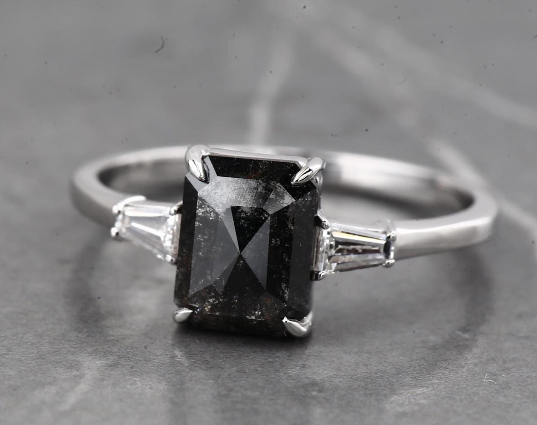 14K White Gold Grey Emerald Cut Salt and Pepper Natural Diamond Engagement Ring