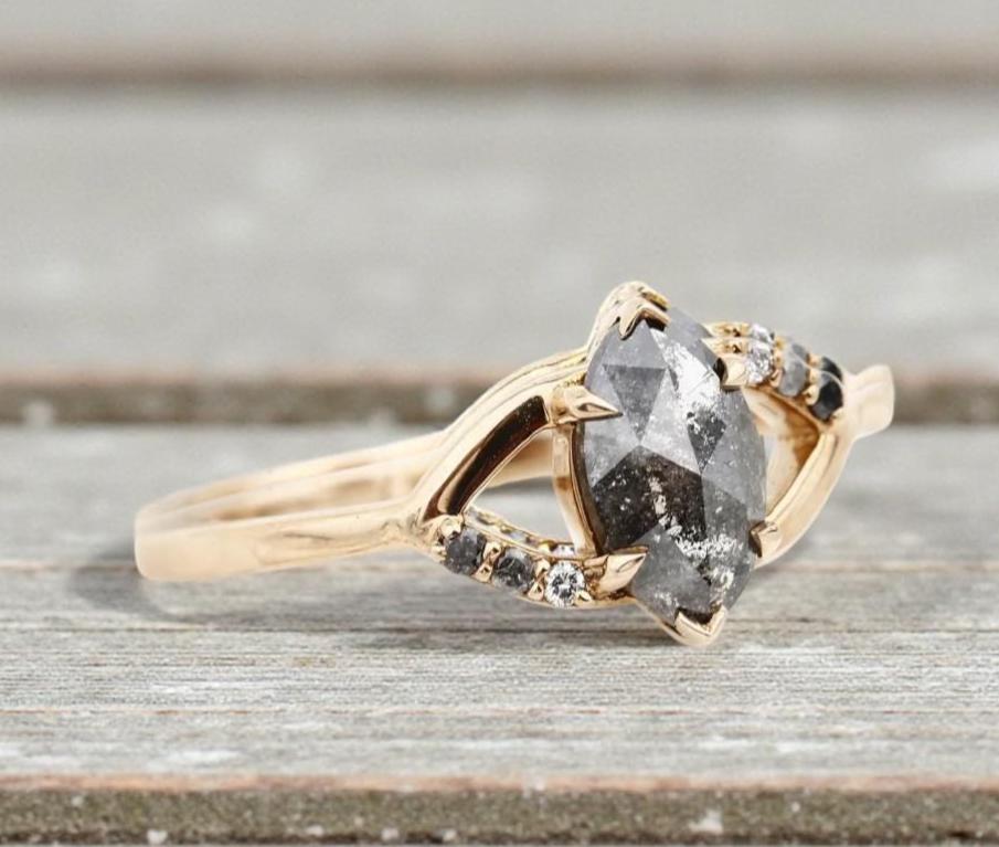 14K Yellow Gold Marquise Cut Grey Salt and Pepper Natural Diamond Engagement Ring
