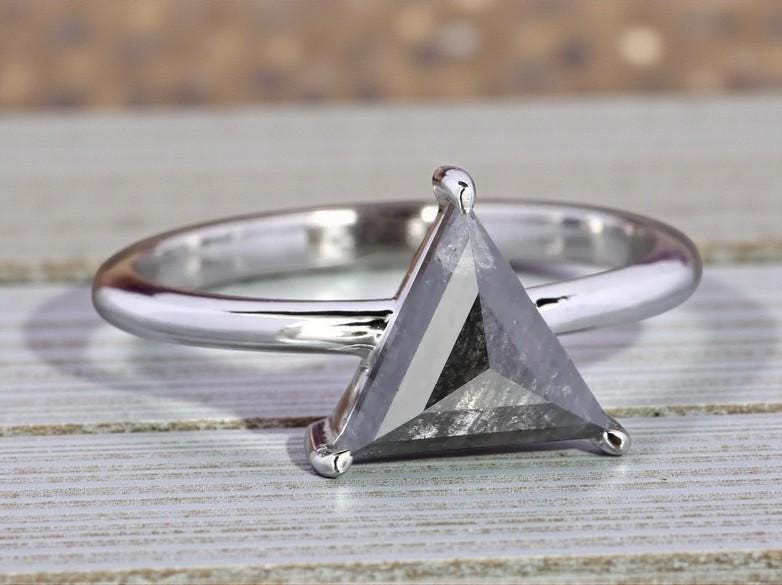 Grey Salt and Pepper Natural Triangle Cut Diamond, 14K White Gold Wedding Ring