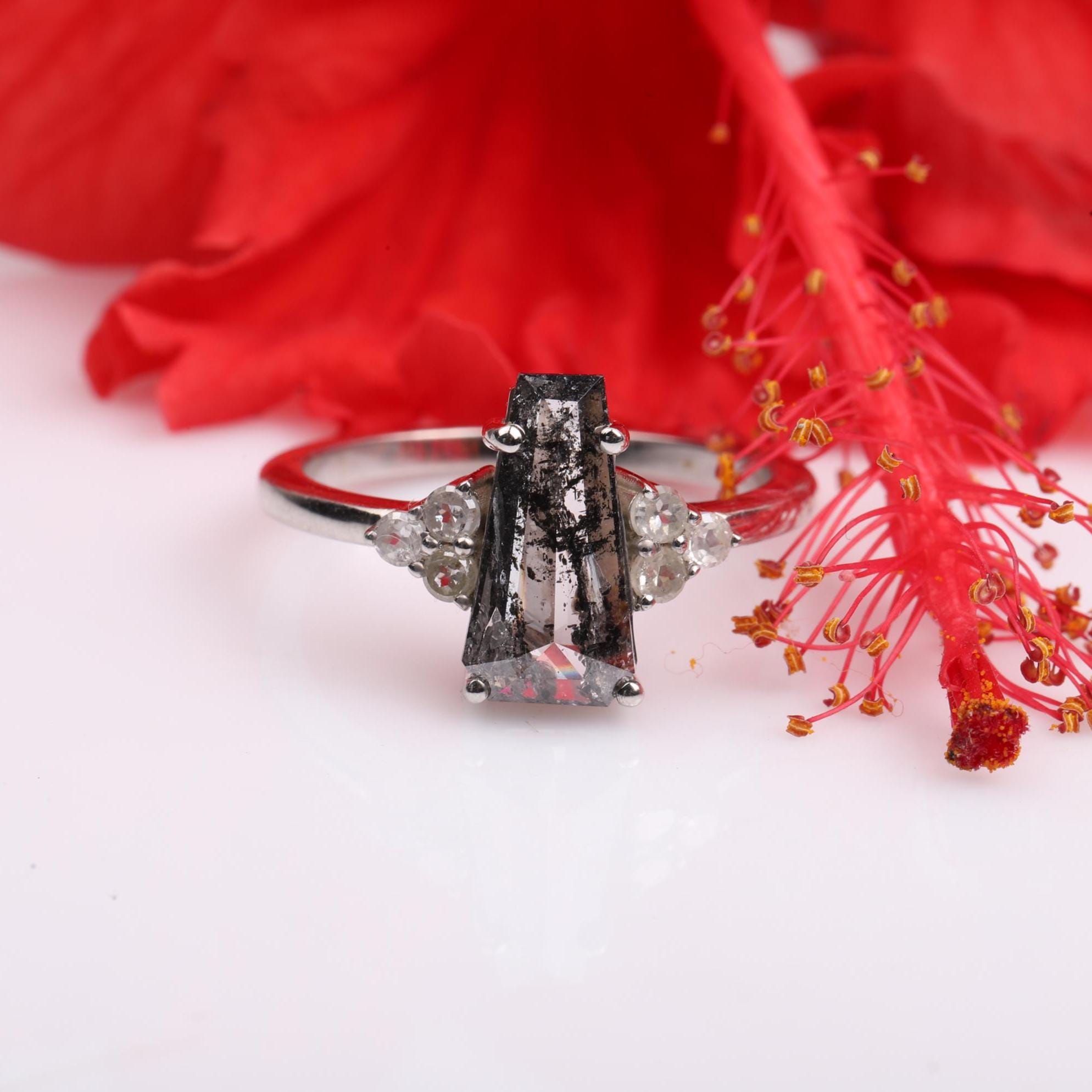 14K White Gold Coffin Cut Grey Salt and Pepper Natural Diamond Statement Ring