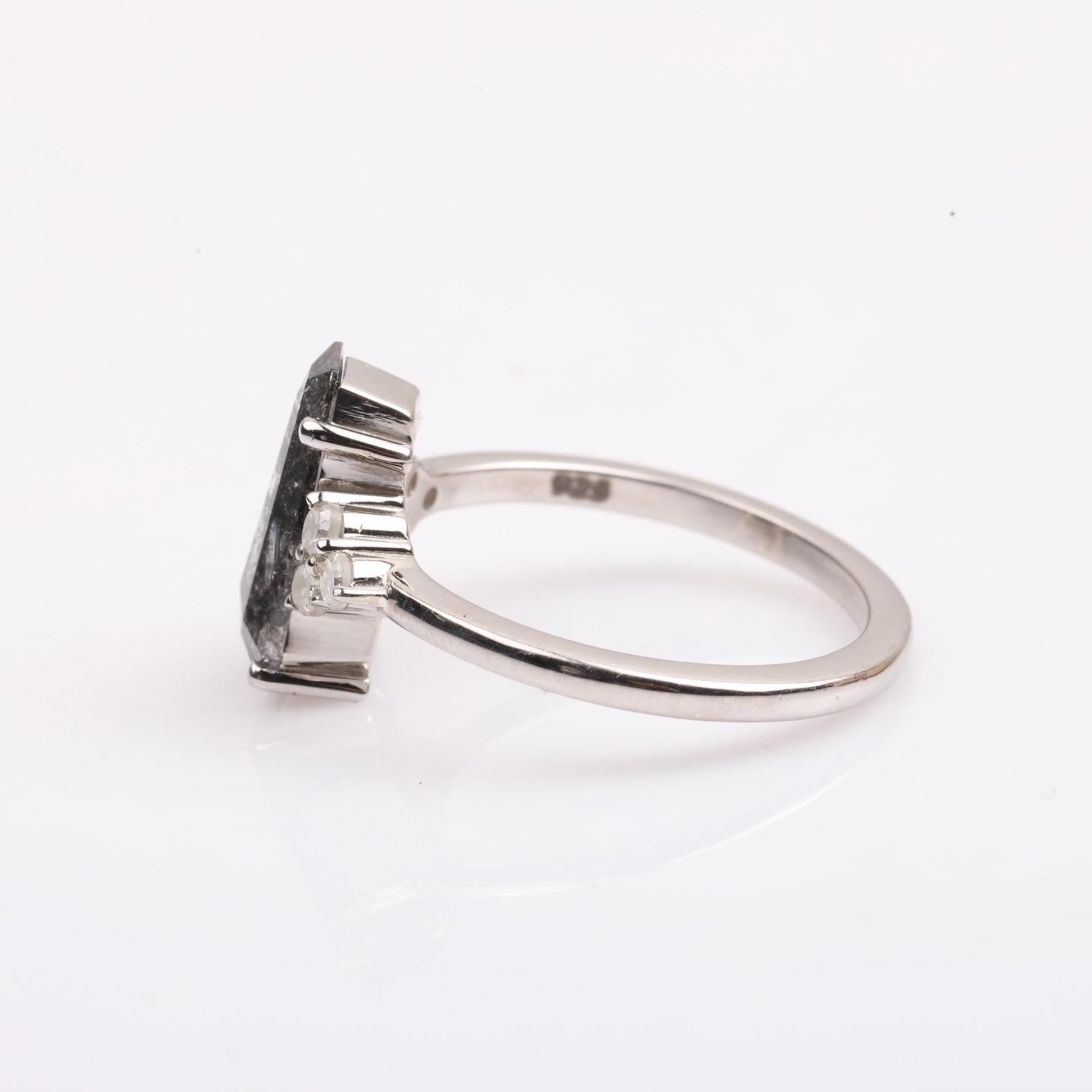 14K White Gold Coffin Cut Grey Salt and Pepper Natural Diamond Statement Ring