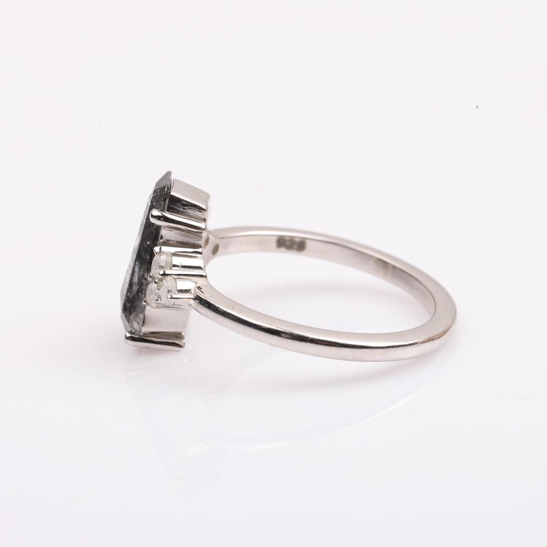 14K White Gold Coffin Cut Grey Salt and Pepper Natural Diamond Statement Ring