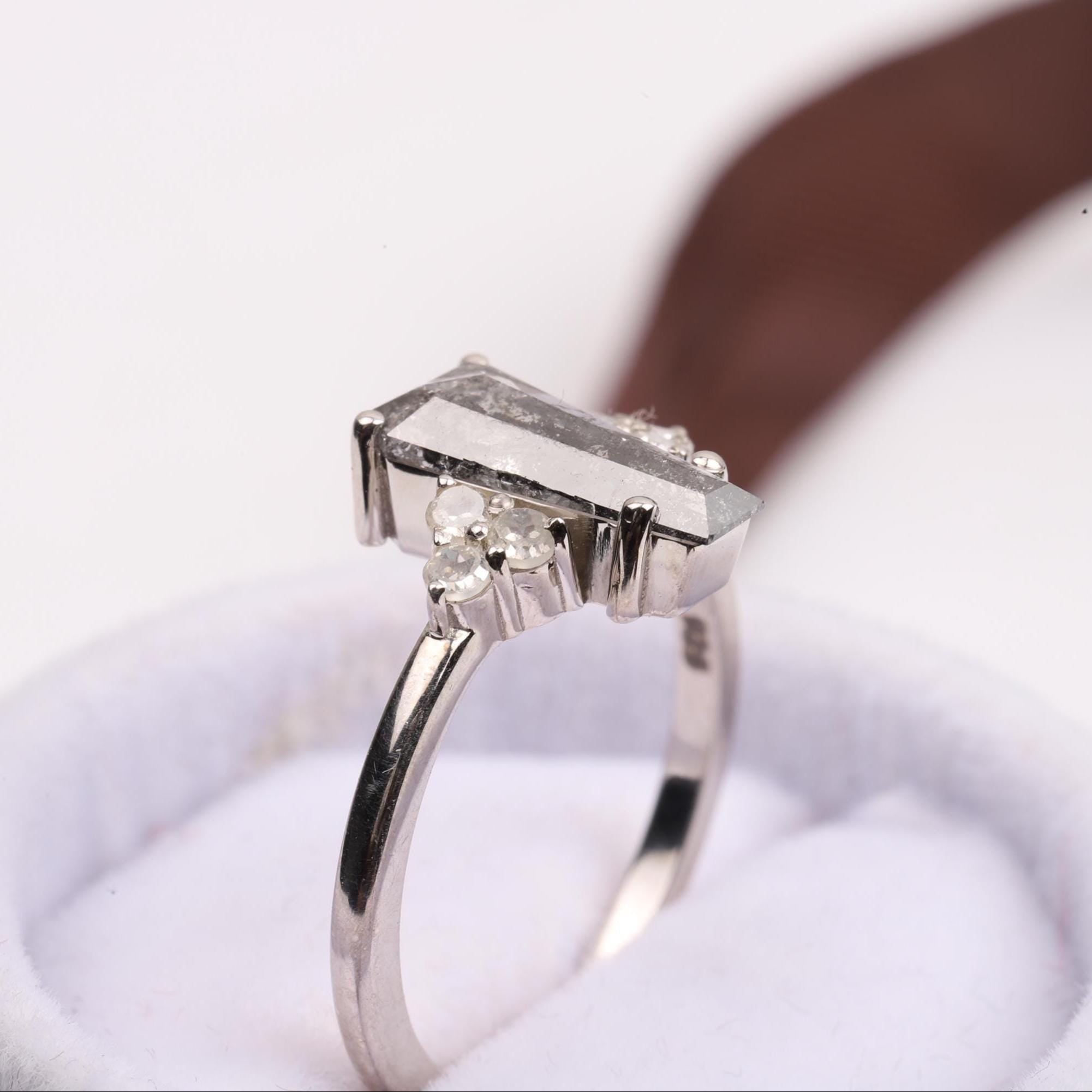 14K White Gold Coffin Cut Grey Salt and Pepper Natural Diamond Statement Ring