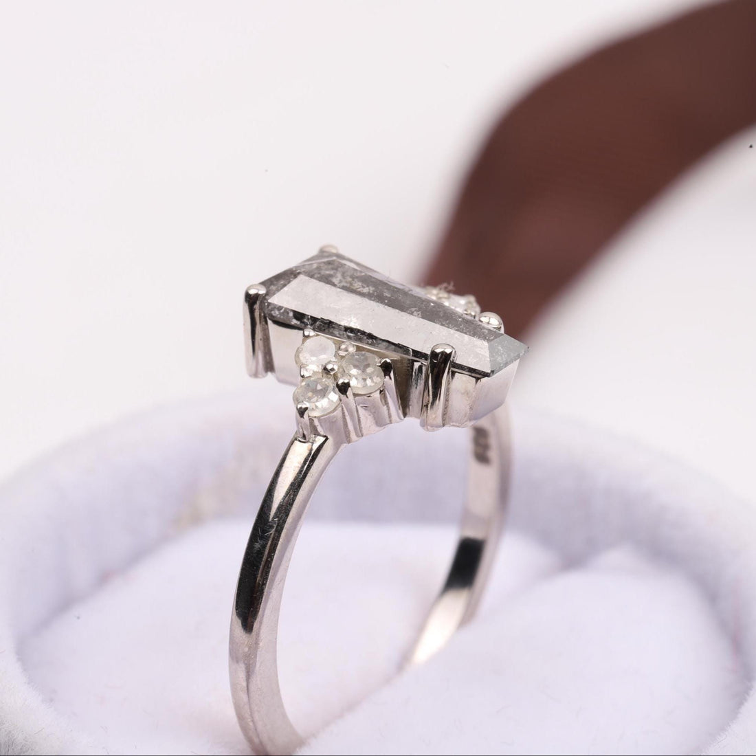 14K White Gold Coffin Cut Grey Salt and Pepper Natural Diamond Statement Ring