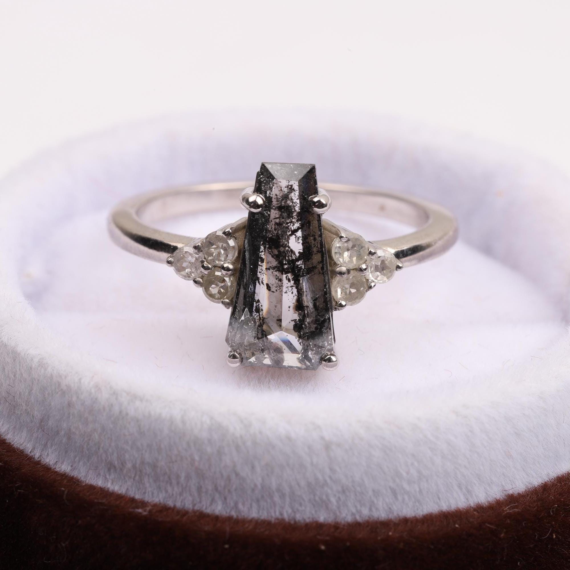 14K White Gold Coffin Cut Grey Salt and Pepper Natural Diamond Statement Ring