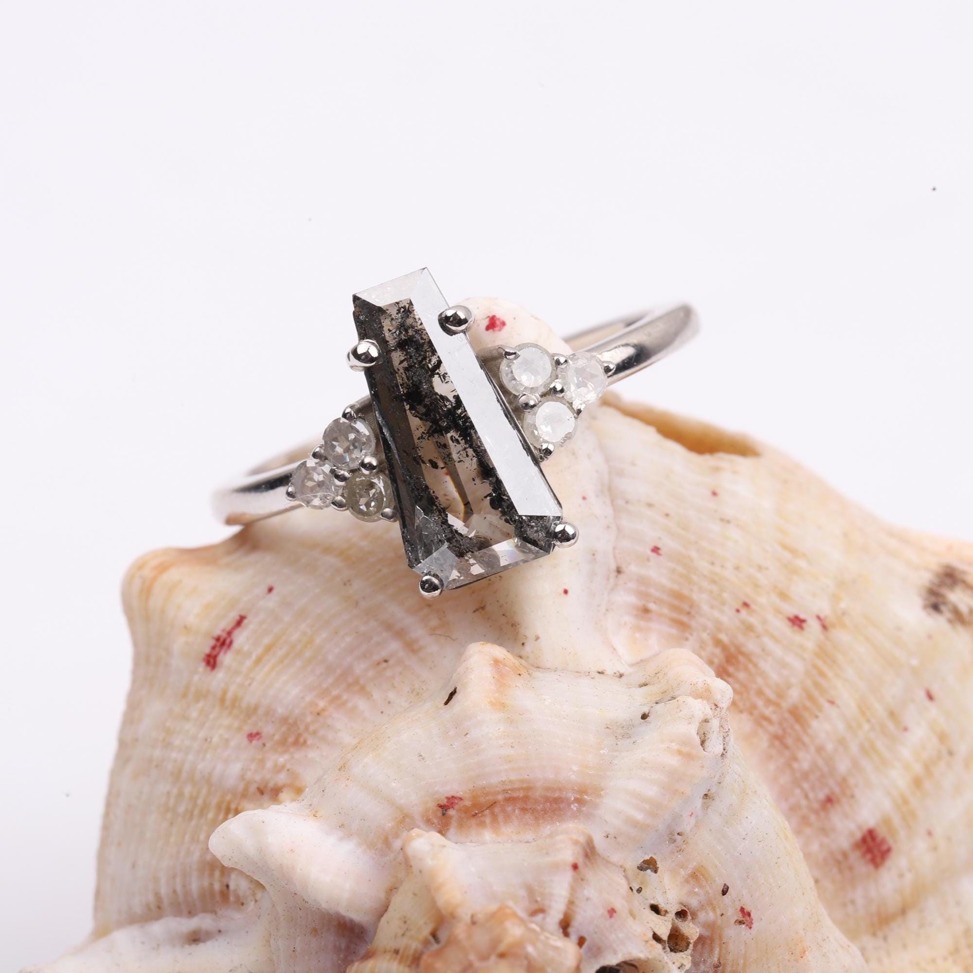 14K White Gold Coffin Cut Grey Salt and Pepper Natural Diamond Statement Ring
