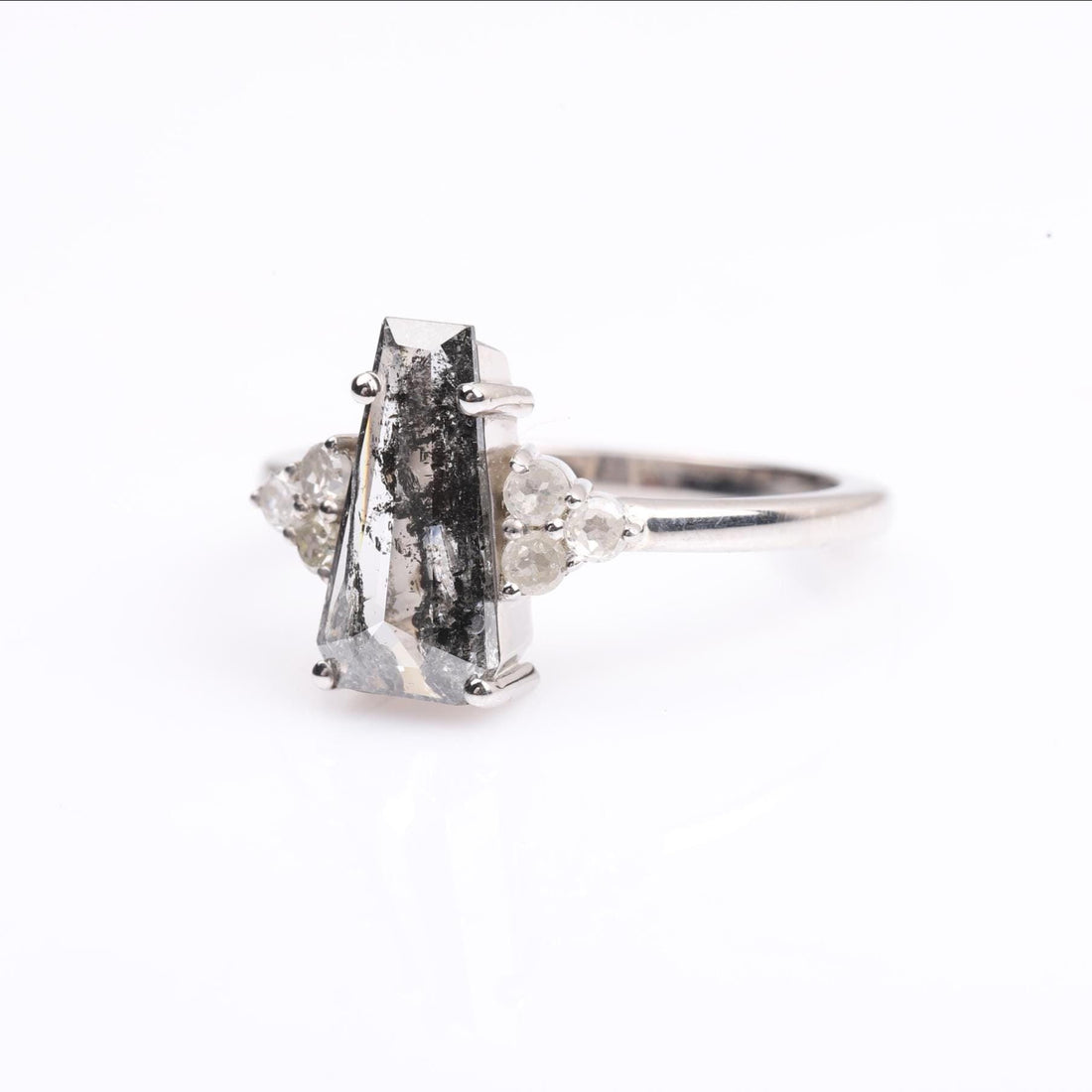14K White Gold Coffin Cut Grey Salt and Pepper Natural Diamond Statement Ring