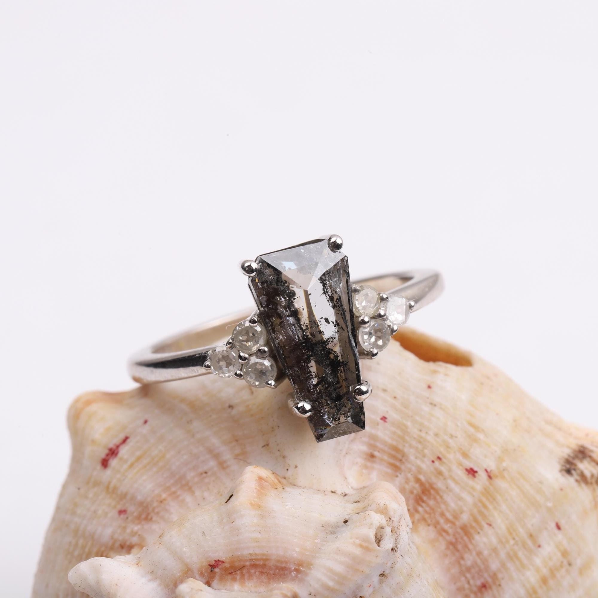 14K White Gold Coffin Cut Grey Salt and Pepper Natural Diamond Statement Ring