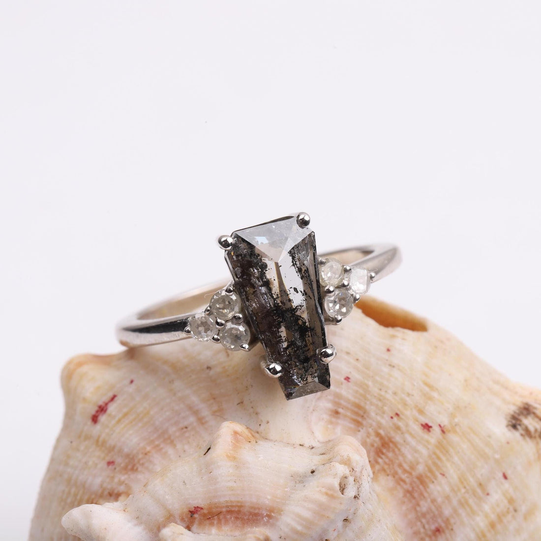 14K White Gold Coffin Cut Grey Salt and Pepper Natural Diamond Statement Ring