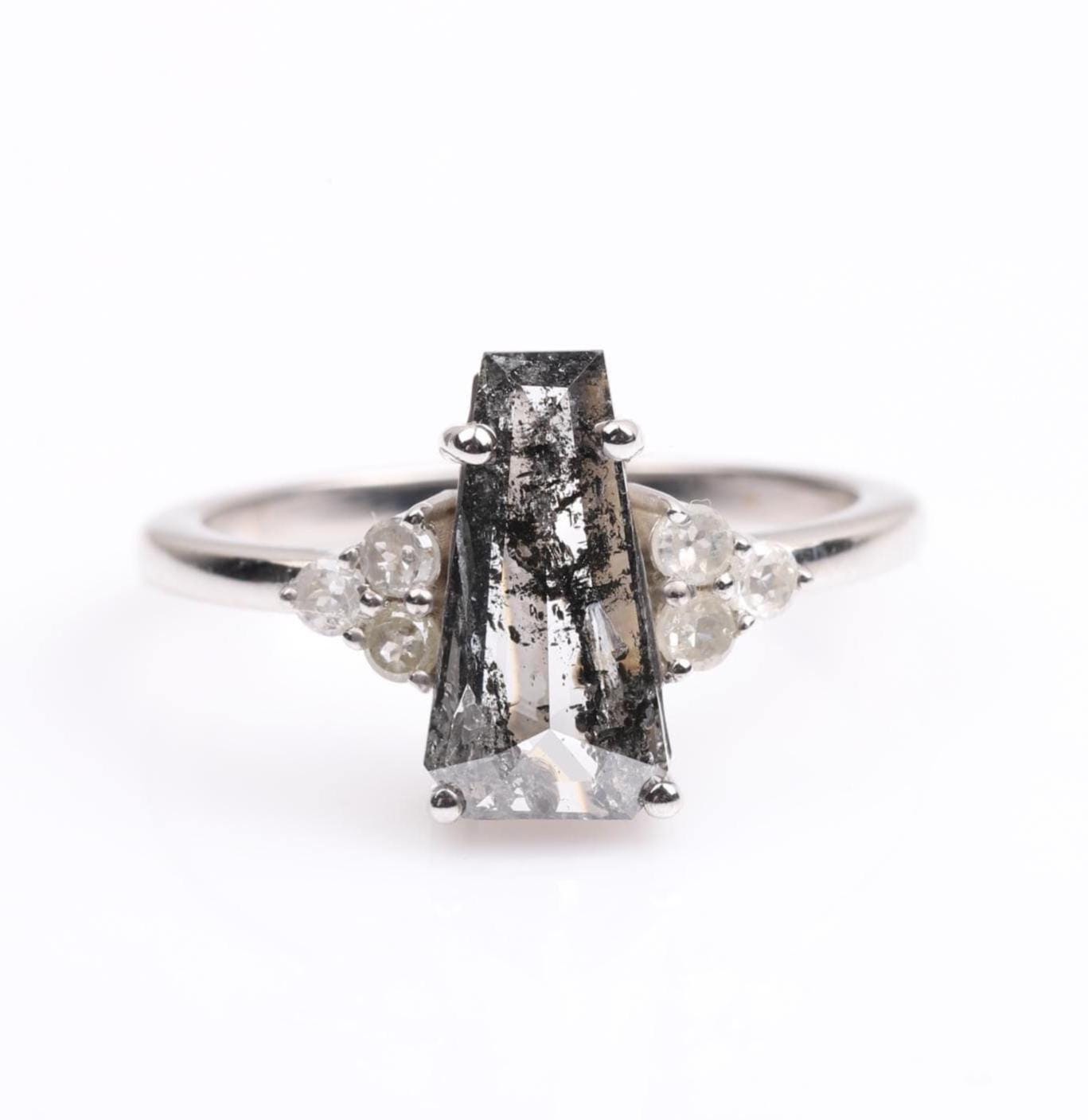 14K White Gold Coffin Cut Grey Salt and Pepper Natural Diamond Statement Ring