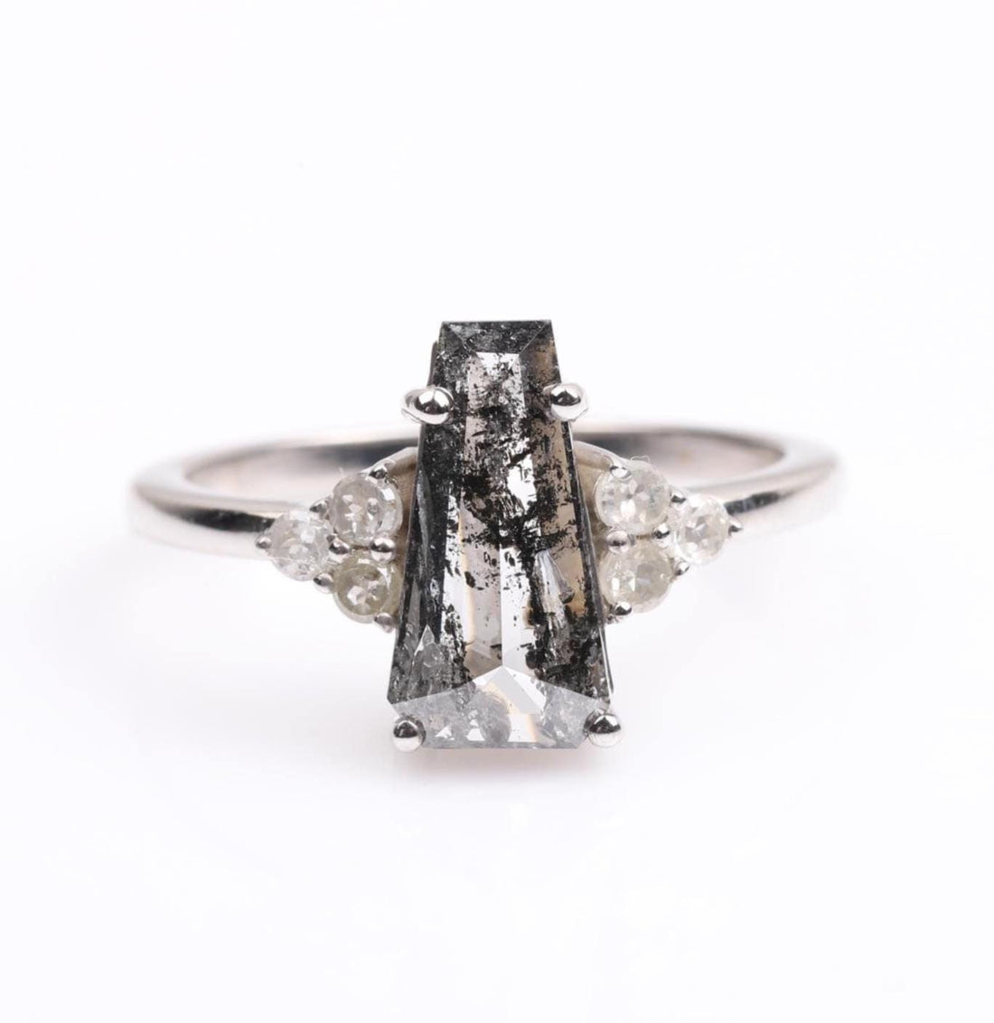 14K White Gold Coffin Cut Grey Salt and Pepper Natural Diamond Statement Ring