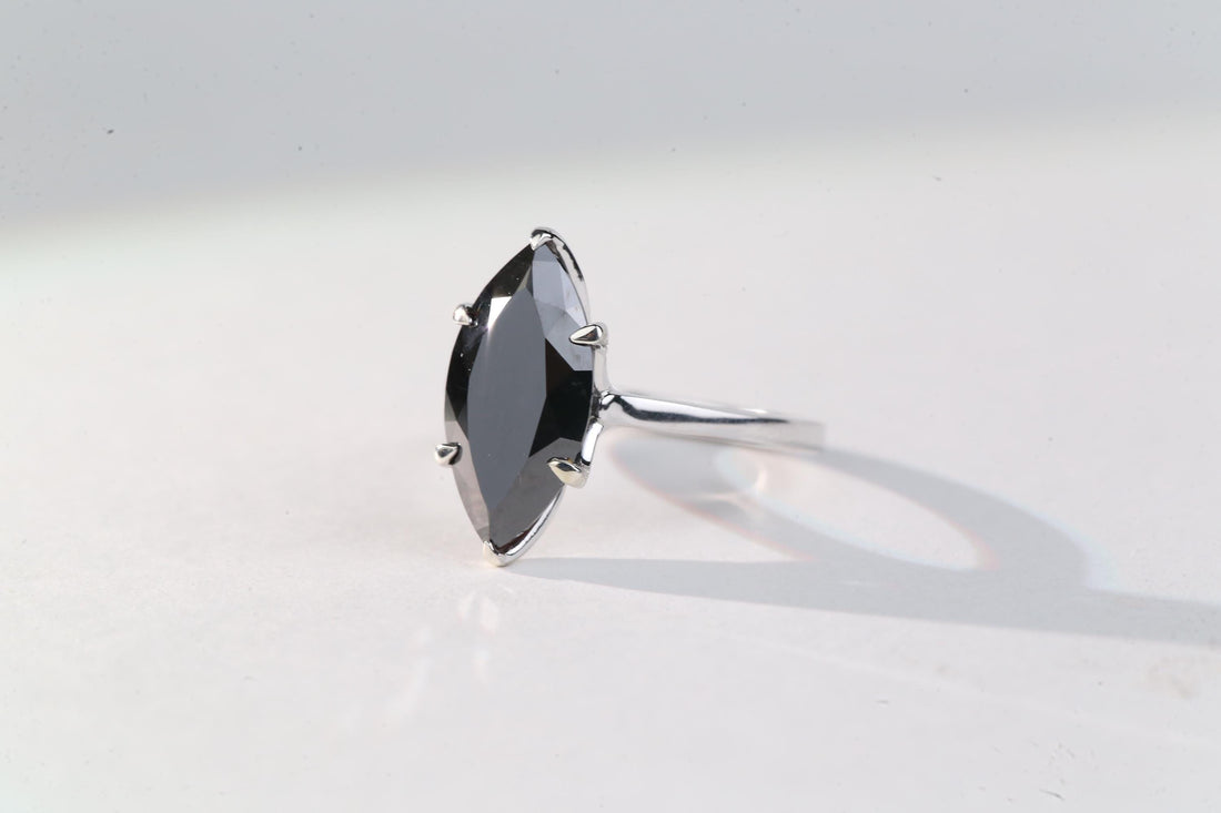Marquise Cut Black Diamond Ring, Natural Diamond 14K White Gold Solitaire Wedding Ring