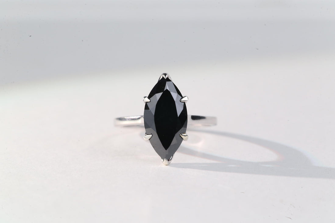 Marquise Cut Black Diamond Ring, Natural Diamond 14K White Gold Solitaire Wedding Ring