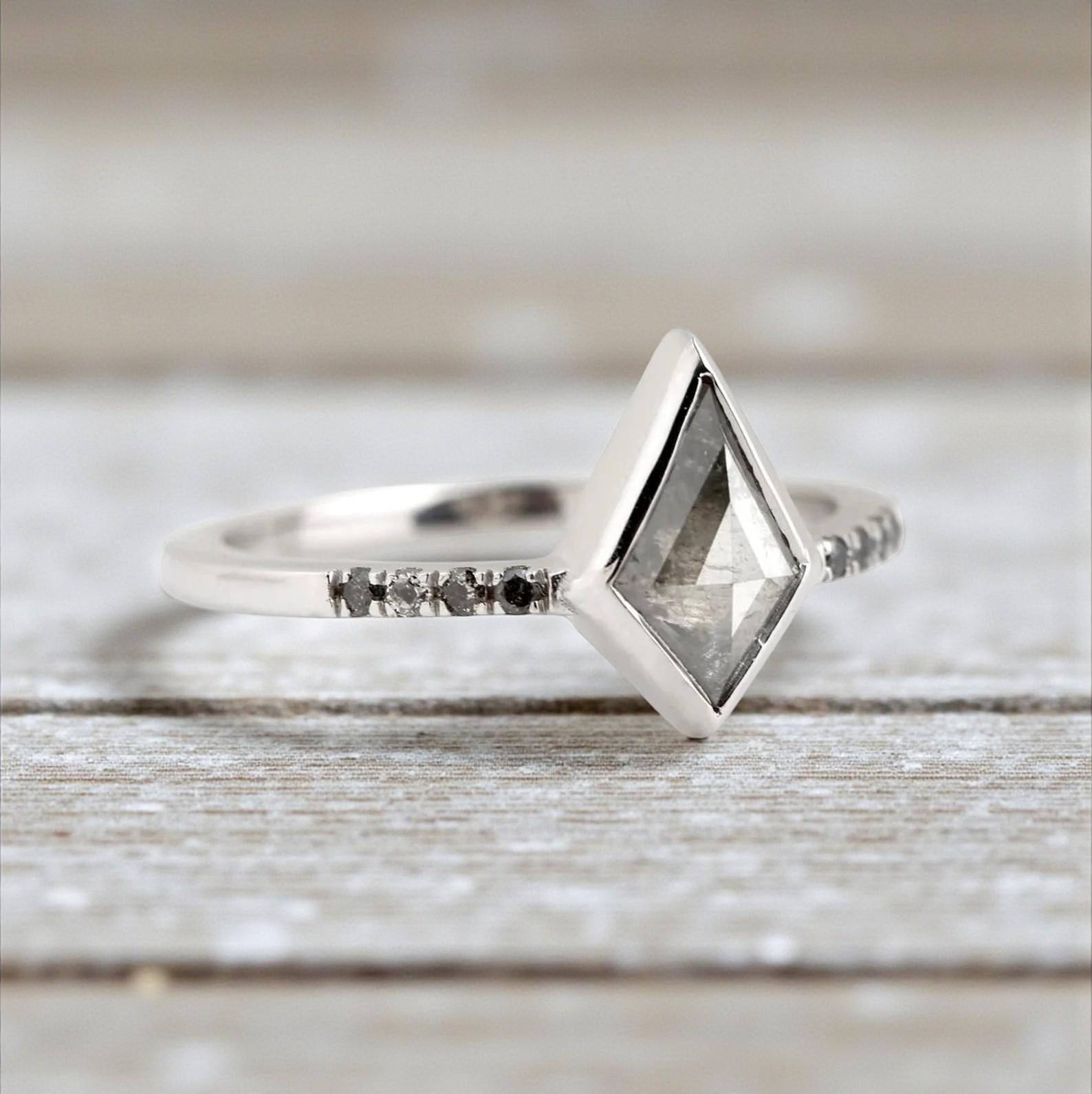 Kite Cut Grey Salt and Pepper Natural Diamond, 14K Rose Gold Engagement Ring