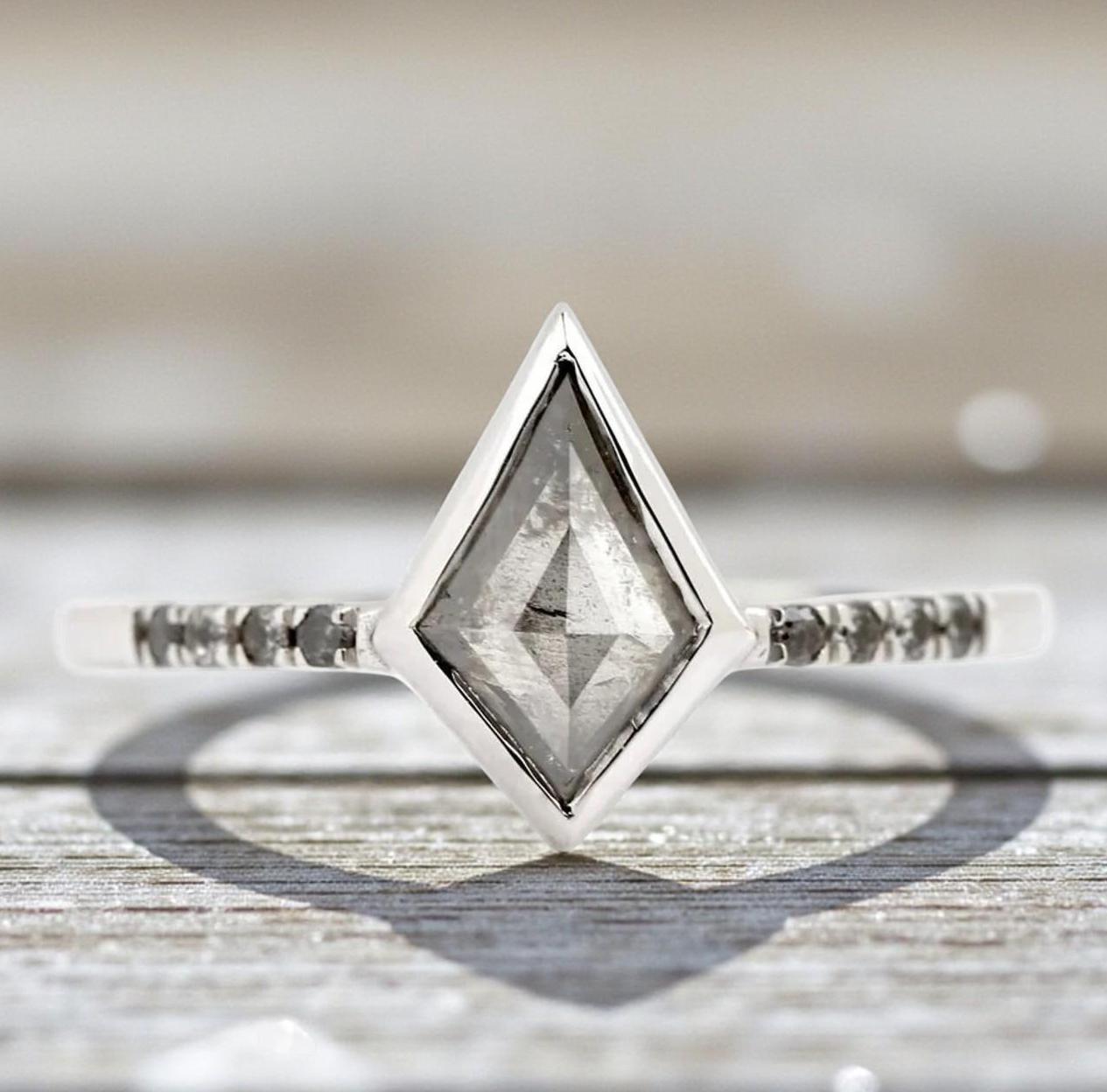 Kite Cut Grey Salt and Pepper Natural Diamond, 14K Rose Gold Engagement Ring
