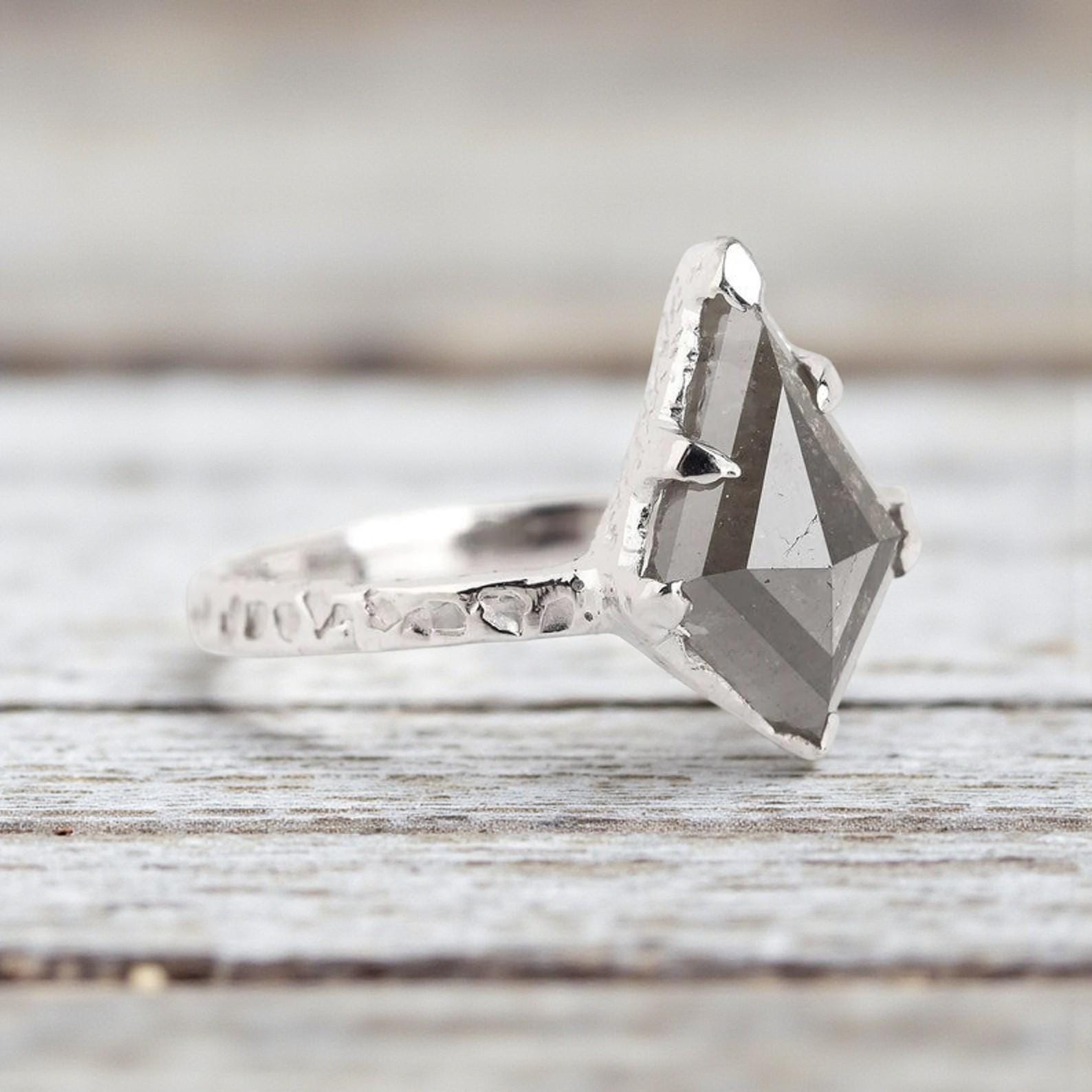 Kite Cut Grey Salt and Pepper Natural Diamond, 14K Yellow Gold Anniversary Ring