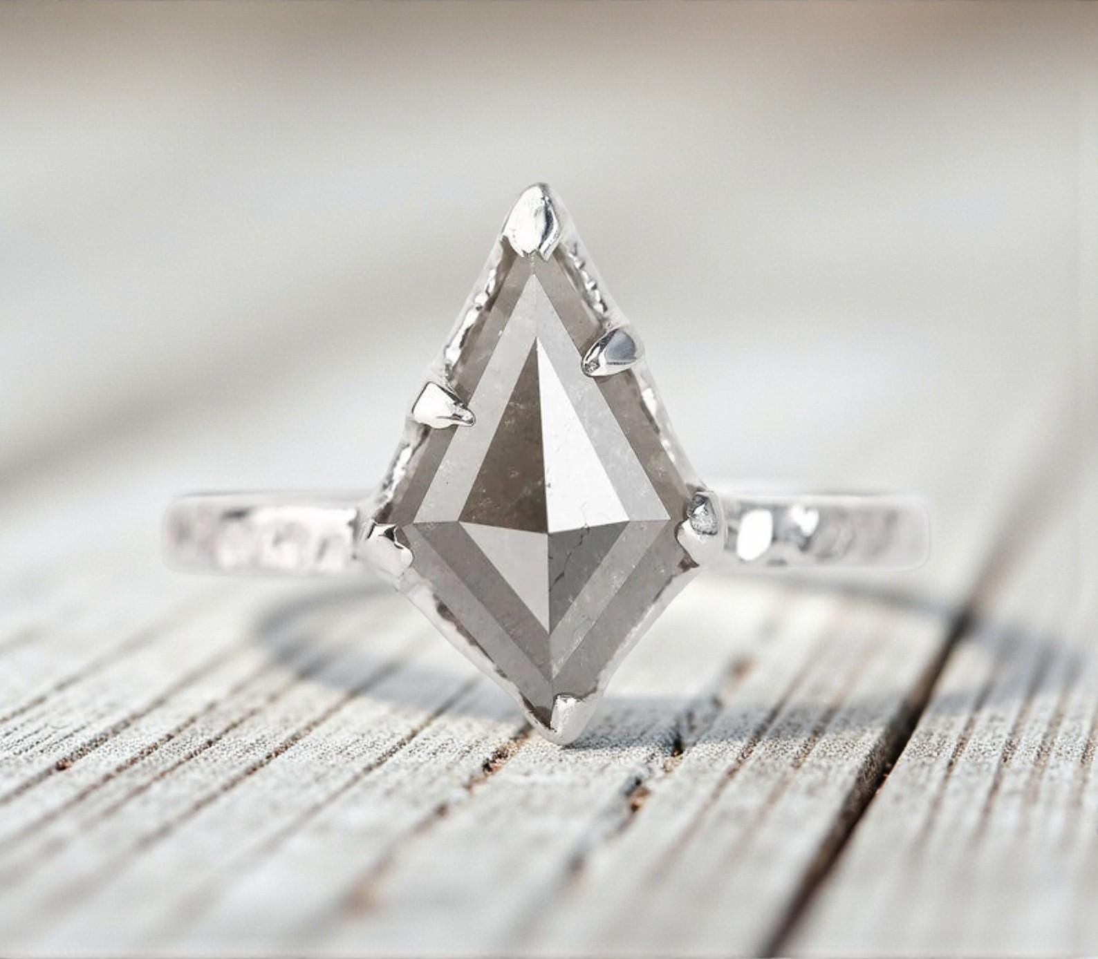 Kite Cut Grey Salt and Pepper Natural Diamond, 14K Yellow Gold Anniversary Ring