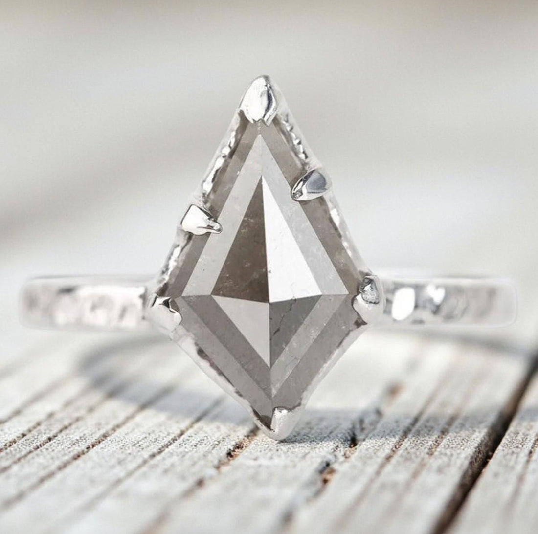Kite Cut Grey Salt and Pepper Natural Diamond, 14K Yellow Gold Anniversary Ring