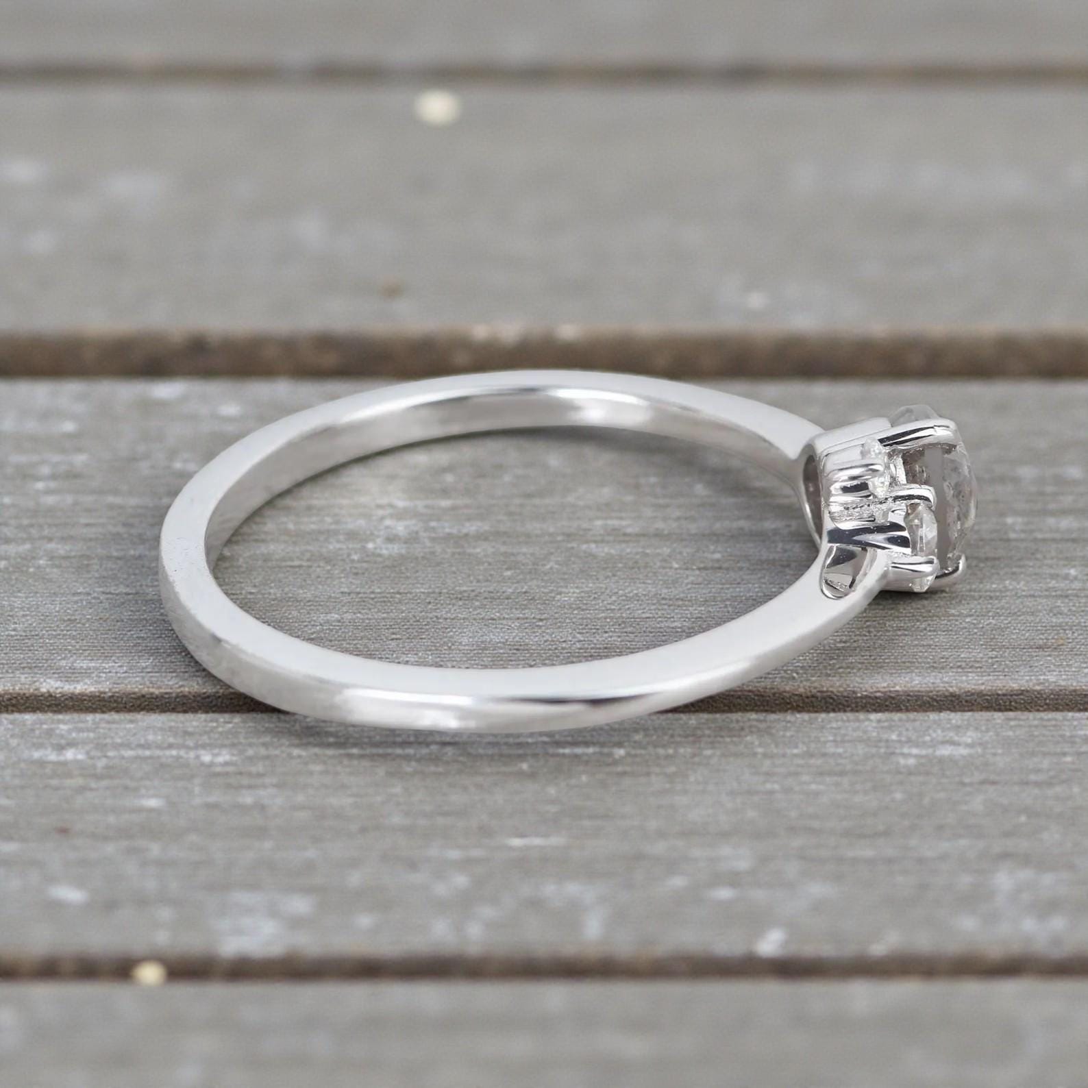Round Rose Cut Grey Salt and Pepper Natural Diamond, 14K White Gold Wedding Ring