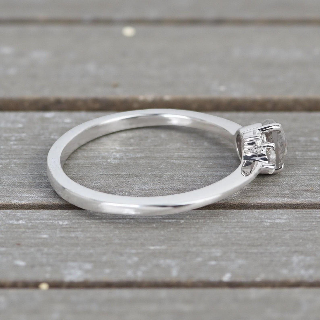 Round Rose Cut Grey Salt and Pepper Natural Diamond, 14K White Gold Wedding Ring
