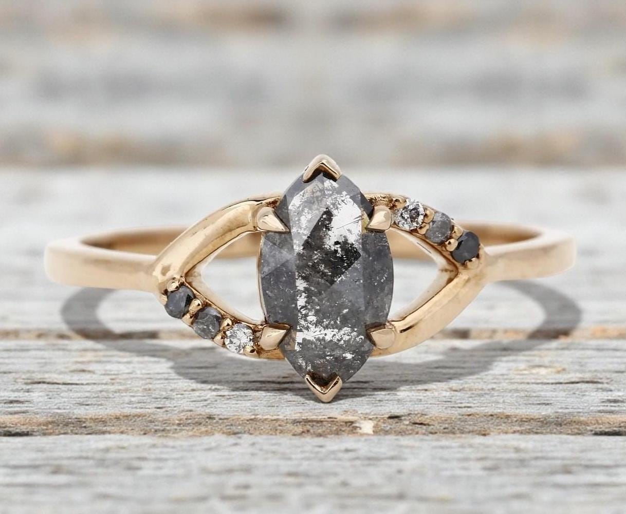 14K Yellow Gold Marquise Cut Grey Salt and Pepper Natural Diamond Engagement Ring