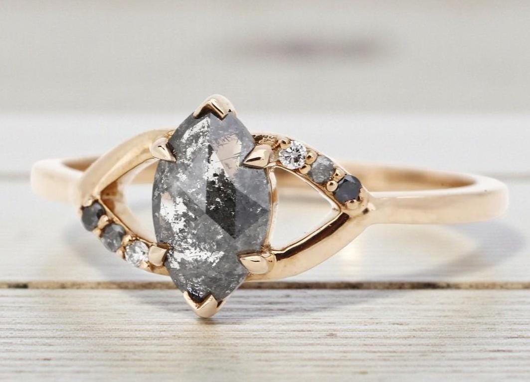 14K Yellow Gold Marquise Cut Grey Salt and Pepper Natural Diamond Engagement Ring
