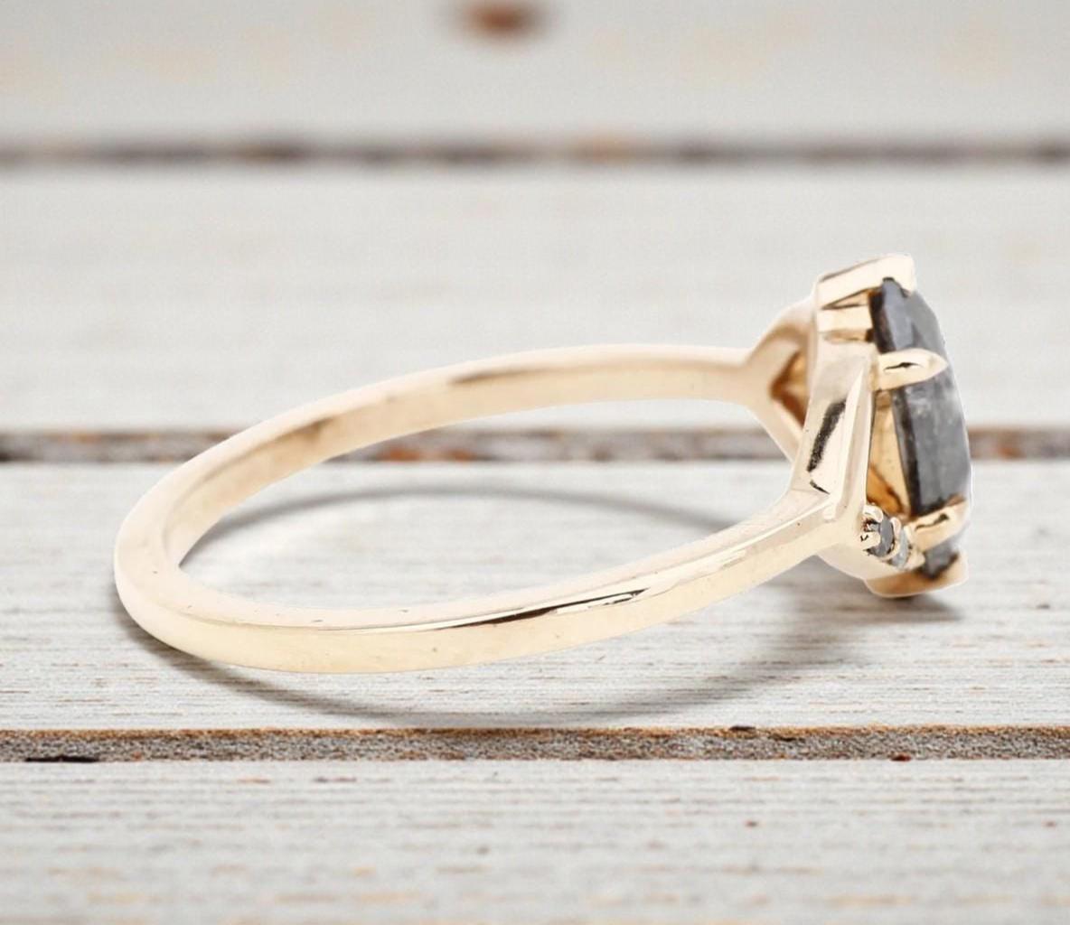 14K Yellow Gold Marquise Cut Grey Salt and Pepper Natural Diamond Engagement Ring