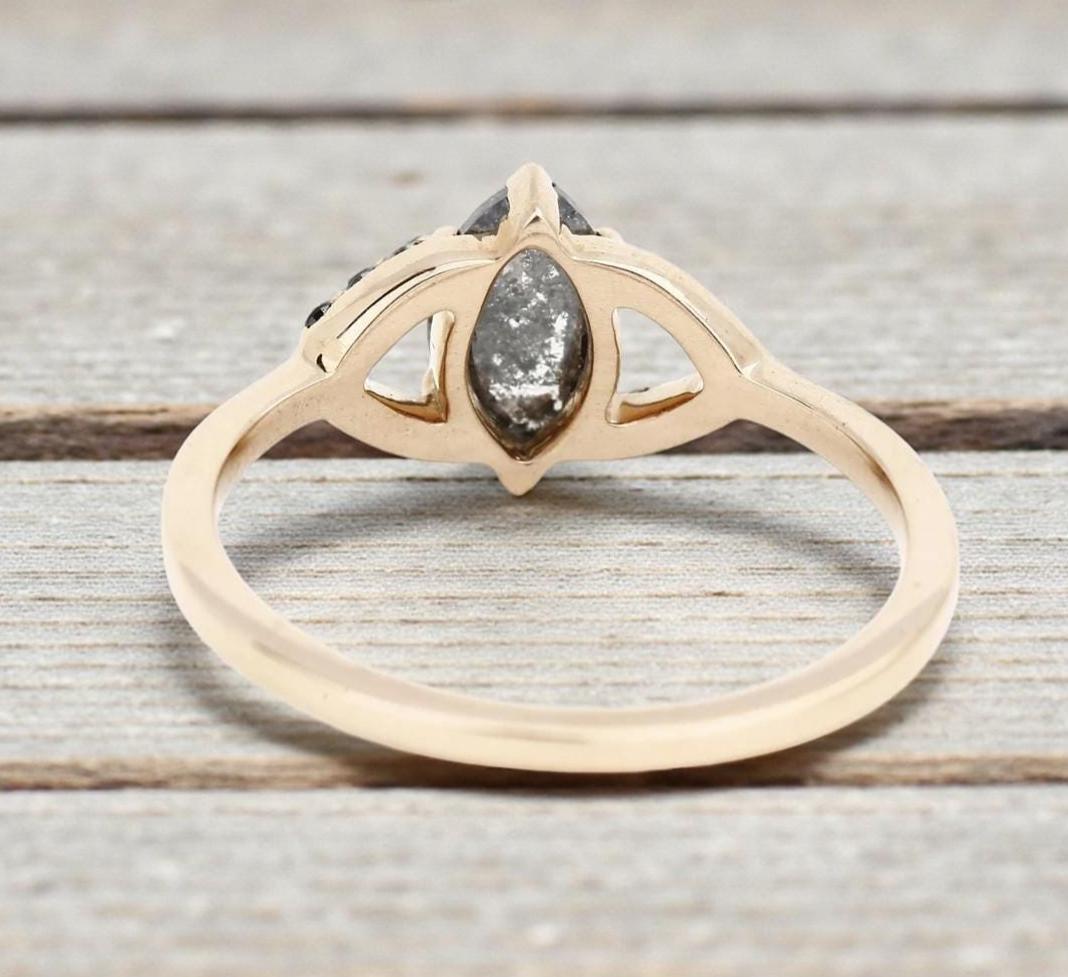 14K Yellow Gold Marquise Cut Grey Salt and Pepper Natural Diamond Engagement Ring
