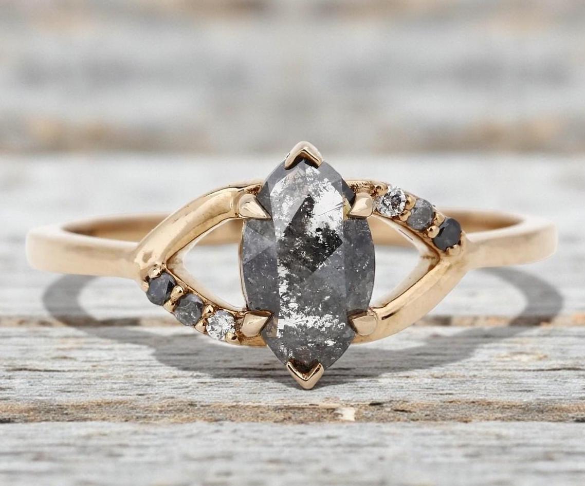 14K Yellow Gold Marquise Cut Grey Salt and Pepper Natural Diamond Engagement Ring