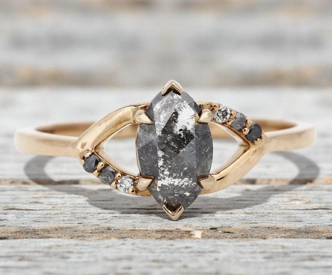 14K Yellow Gold Marquise Cut Grey Salt and Pepper Natural Diamond Engagement Ring