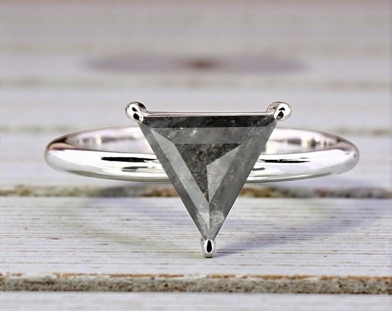 Grey Salt and Pepper Natural Triangle Cut Diamond, 14K White Gold Wedding Ring