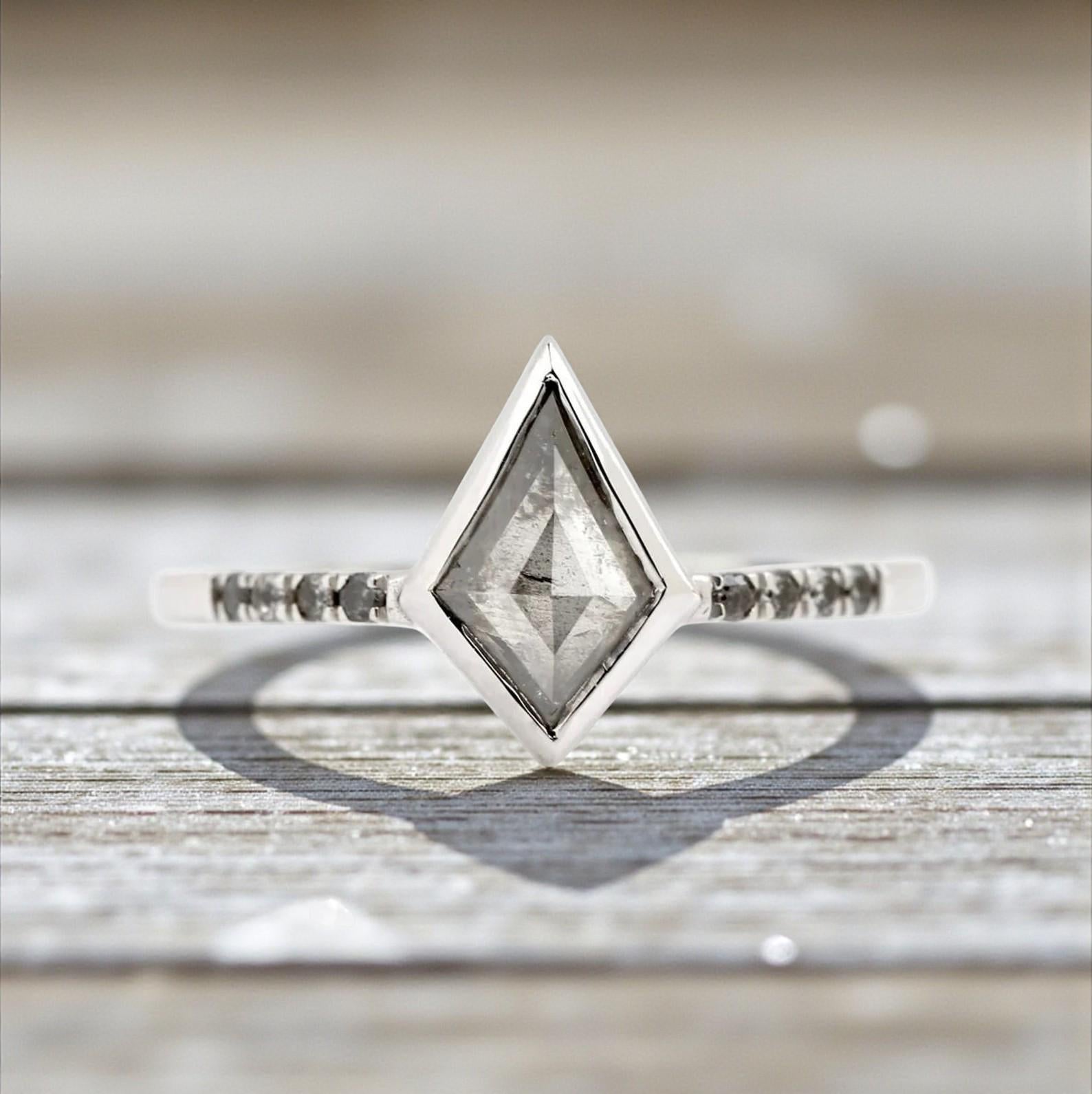 Kite Cut Grey Salt and Pepper Natural Diamond, 14K Rose Gold Engagement Ring