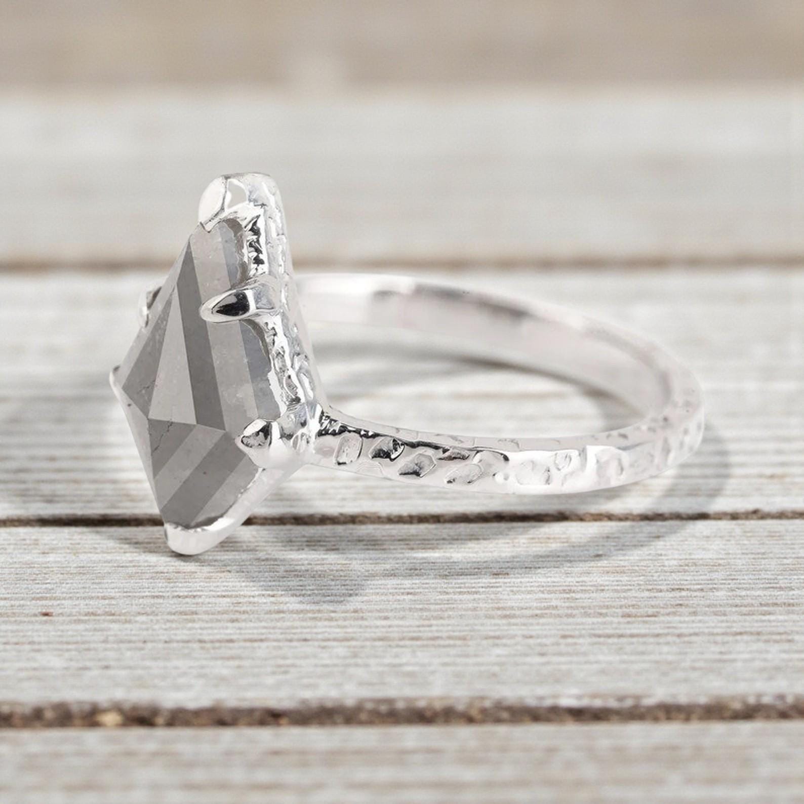 Kite Cut Grey Salt and Pepper Natural Diamond, 14K Yellow Gold Anniversary Ring