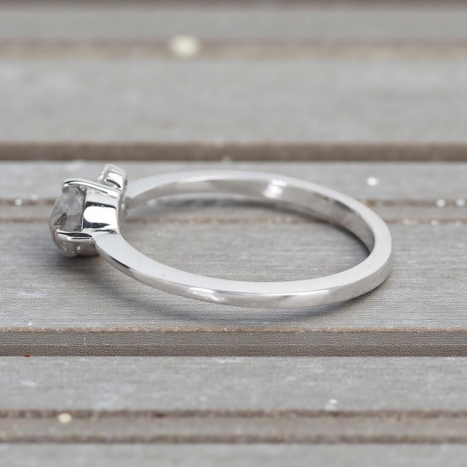 Round Rose Cut Grey Salt and Pepper Natural Diamond, 14K White Gold Wedding Ring