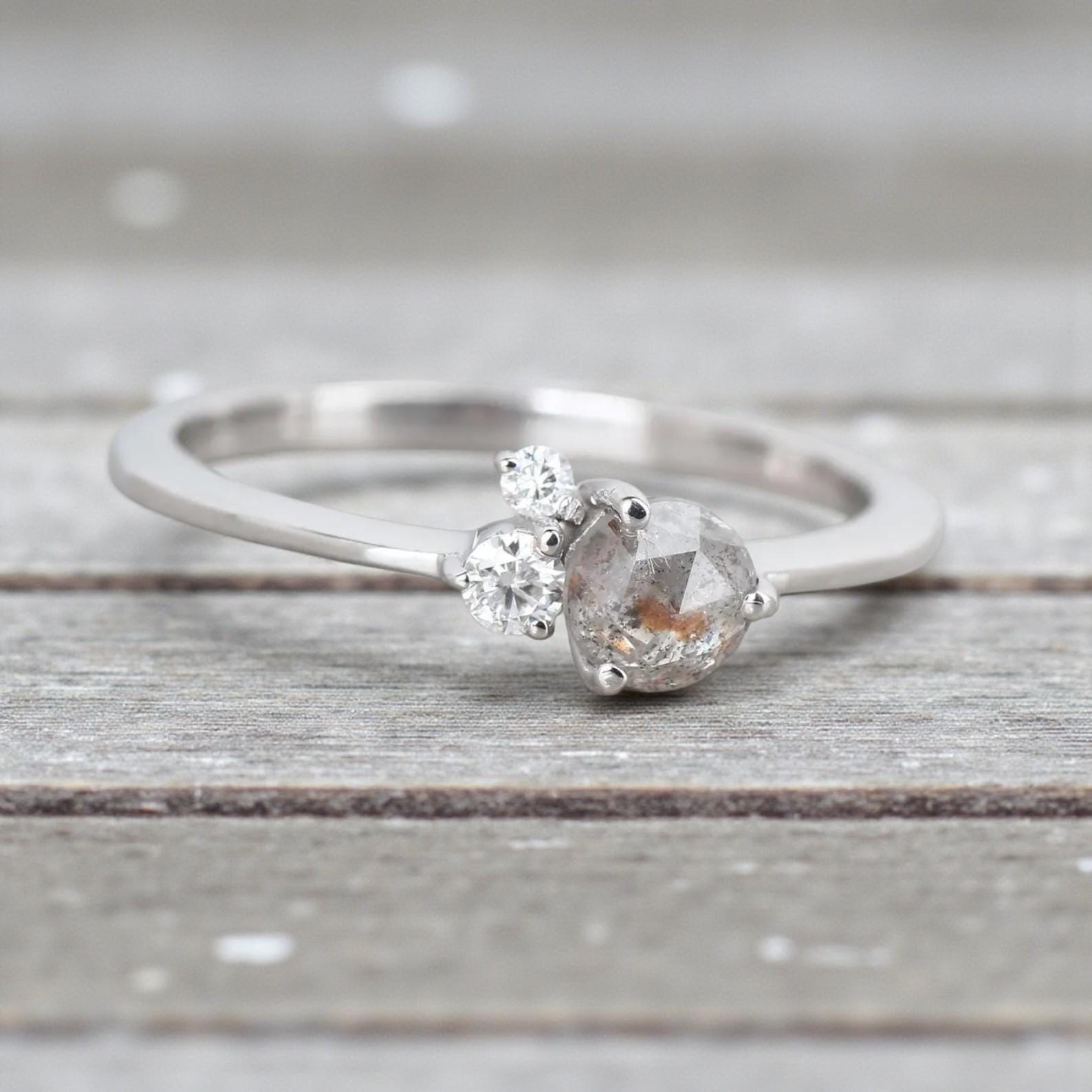 Round Rose Cut Grey Salt and Pepper Natural Diamond, 14K White Gold Wedding Ring
