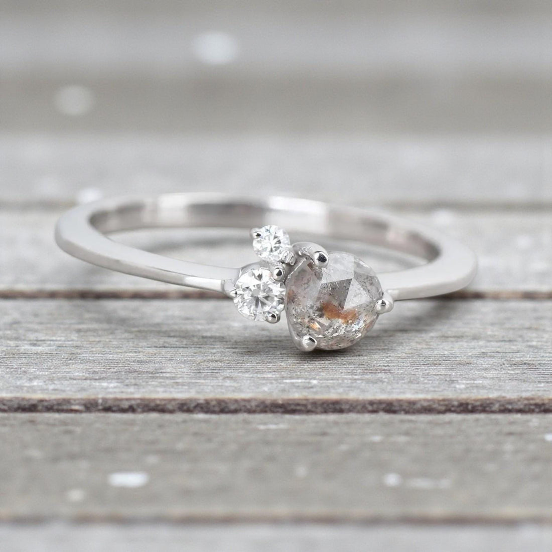 Round Rose Cut Grey Salt and Pepper Natural Diamond, 14K White Gold Wedding Ring