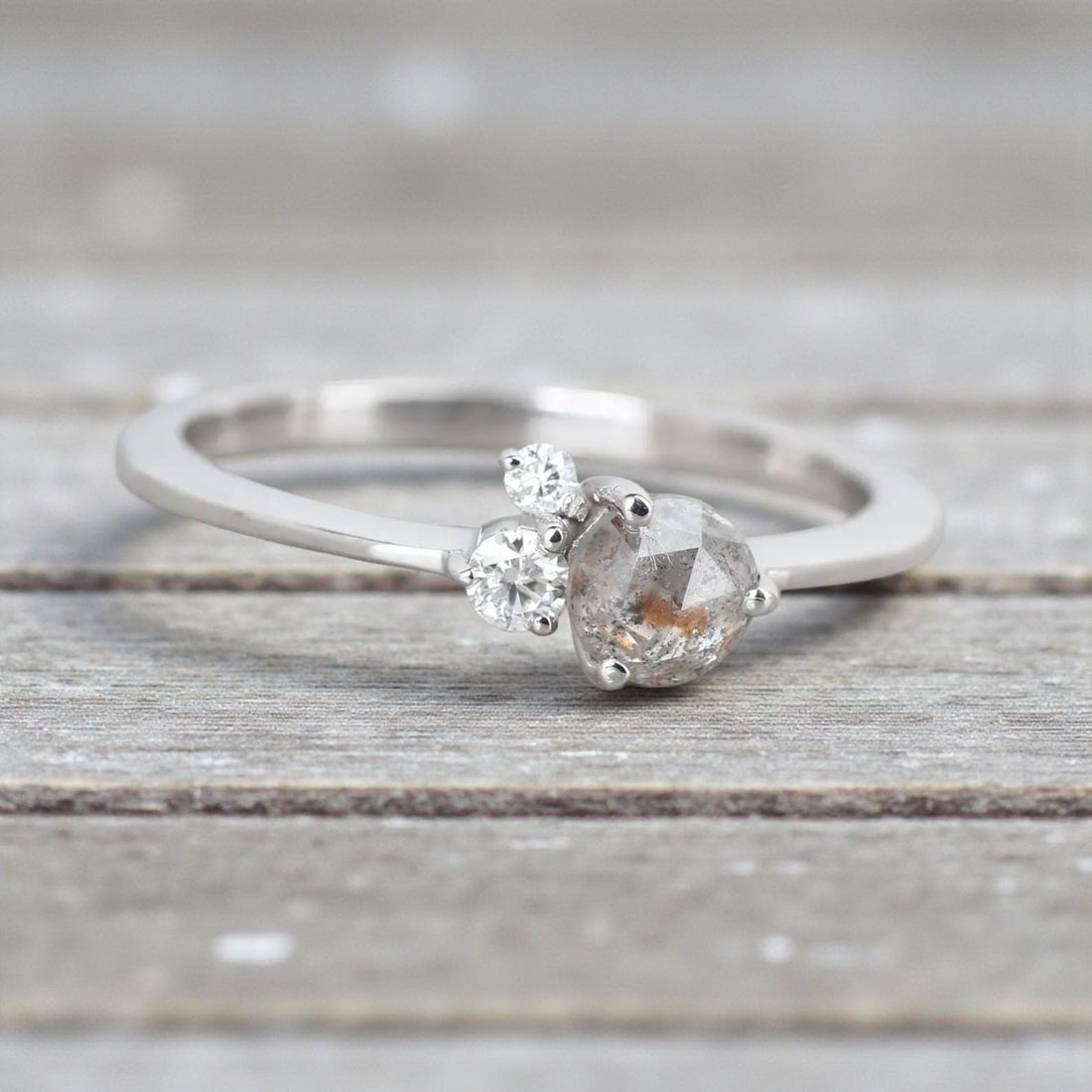 Round Rose Cut Grey Salt and Pepper Natural Diamond, 14K White Gold Wedding Ring