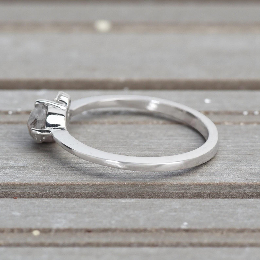 Round Rose Cut Grey Salt and Pepper Natural Diamond, 14K White Gold Wedding Ring