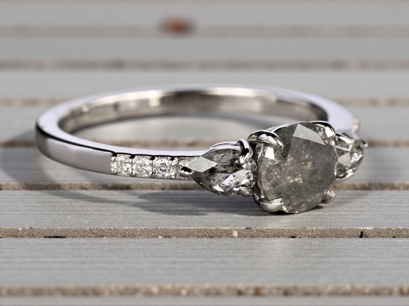 14K Rose Gold Grey Salt and Pepper Round Cut Natural Diamond Promise Ring