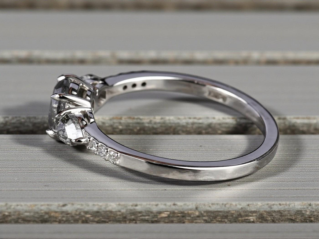 14K Rose Gold Grey Salt and Pepper Round Cut Natural Diamond Promise Ring