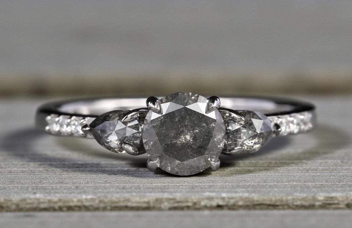 14K Rose Gold Grey Salt and Pepper Round Cut Natural Diamond Promise Ring