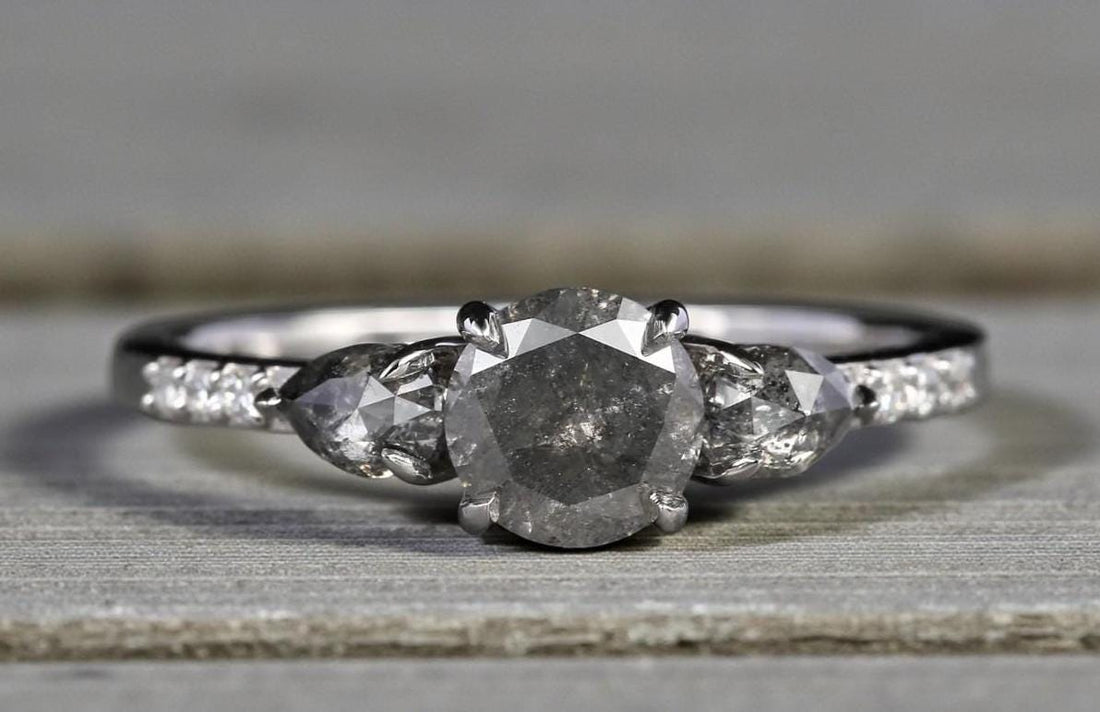 14K Rose Gold Grey Salt and Pepper Round Cut Natural Diamond Promise Ring