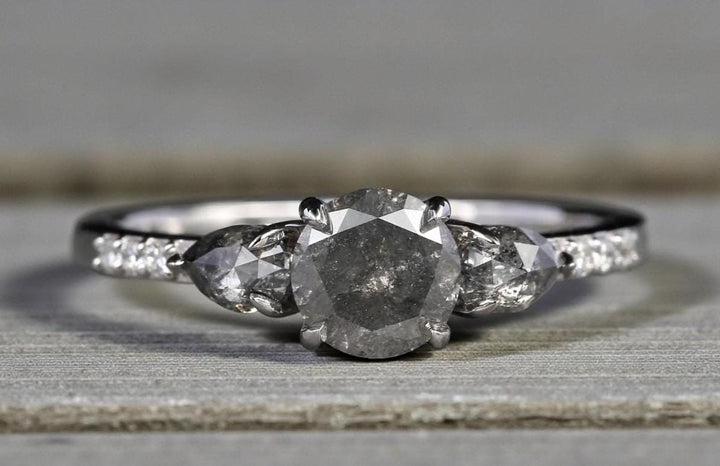 14K Rose Gold Grey Salt and Pepper Round Cut Natural Diamond Promise Ring